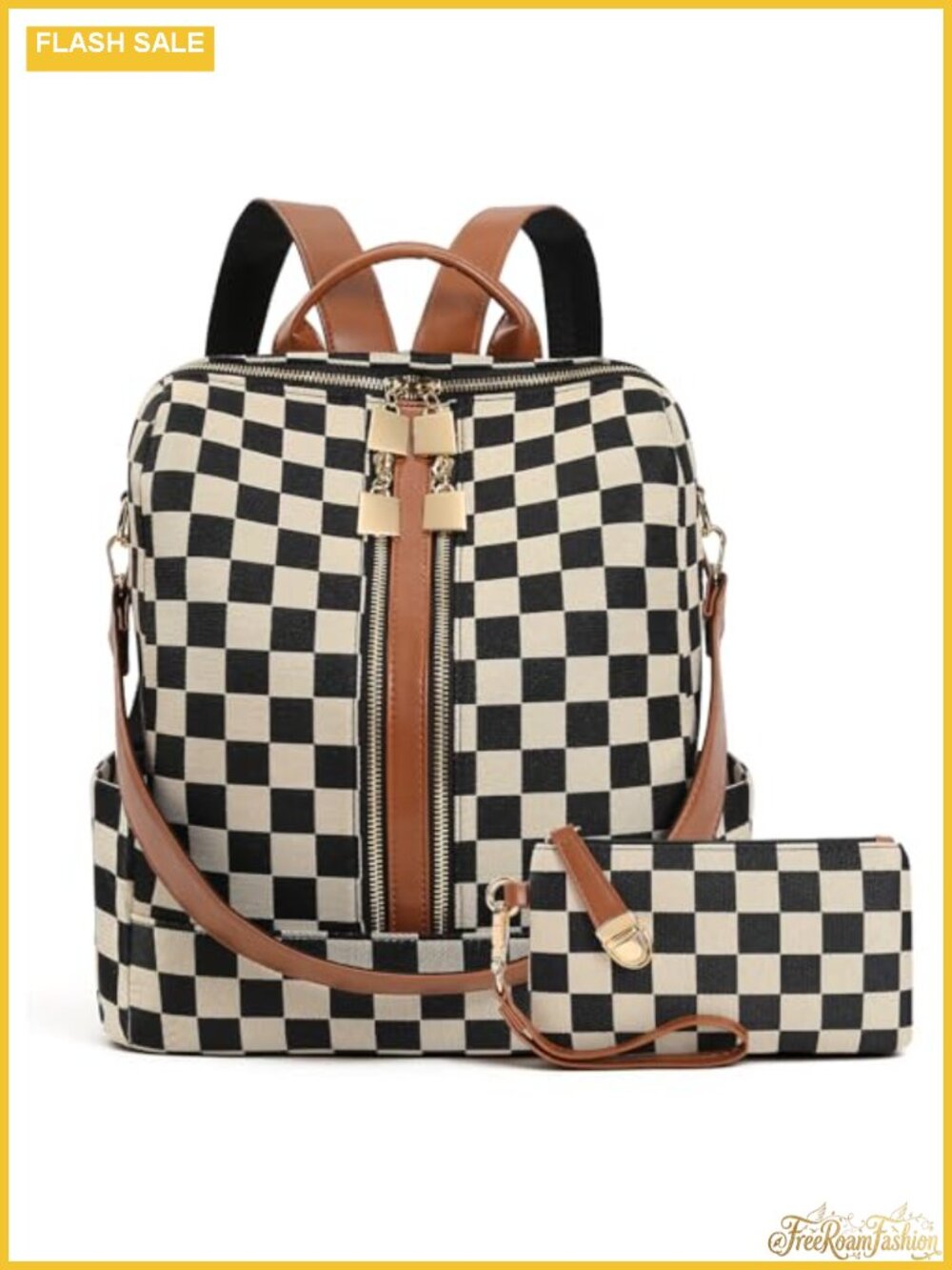 Women's Canvas PU Leather Checkered Plaid Backpack Purse Travel Work Daypack